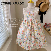 Νέο καλοκαιρινό φόρεμα για κοριτσάκι τετράγωνο γιακά αμάνικο γαλάζιο φλοράλ φόρεμα δαντέλα Πριγκίπισσα Παιδικά ρούχα E773