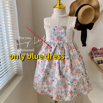 Νέο καλοκαιρινό φόρεμα για κοριτσάκι τετράγωνο γιακά αμάνικο γαλάζιο φλοράλ φόρεμα δαντέλα Πριγκίπισσα Παιδικά ρούχα E773