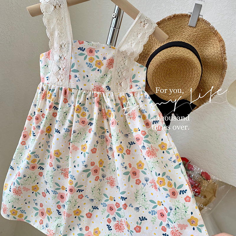 Νέο καλοκαιρινό φόρεμα για κοριτσάκι τετράγωνο γιακά αμάνικο γαλάζιο φλοράλ φόρεμα δαντέλα Πριγκίπισσα Παιδικά ρούχα E773