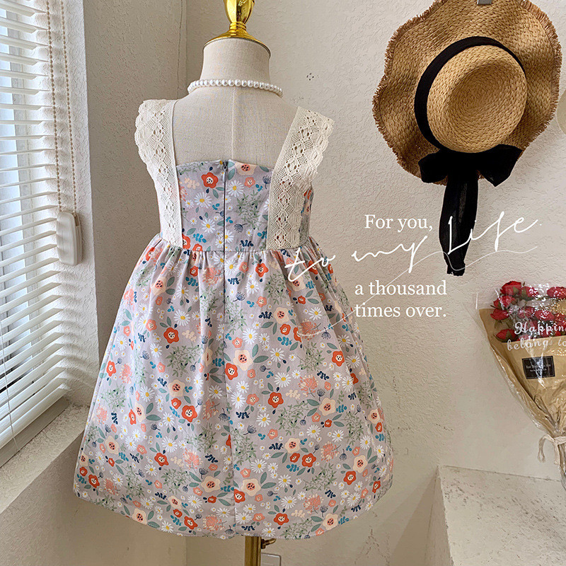 Νέο καλοκαιρινό φόρεμα για κοριτσάκι τετράγωνο γιακά αμάνικο γαλάζιο φλοράλ φόρεμα δαντέλα Πριγκίπισσα Παιδικά ρούχα E773
