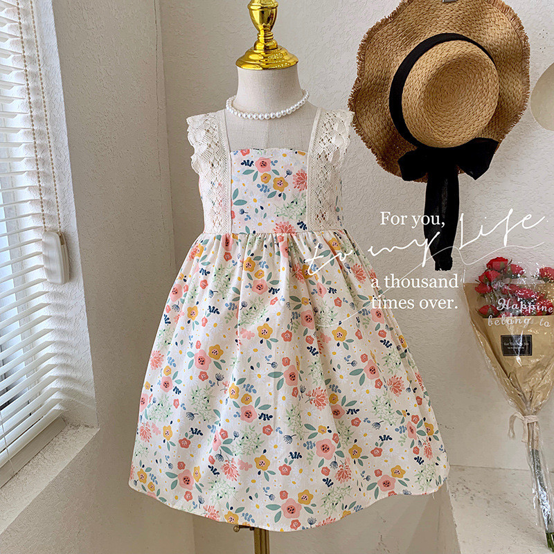Νέο καλοκαιρινό φόρεμα για κοριτσάκι τετράγωνο γιακά αμάνικο γαλάζιο φλοράλ φόρεμα δαντέλα Πριγκίπισσα Παιδικά ρούχα E773