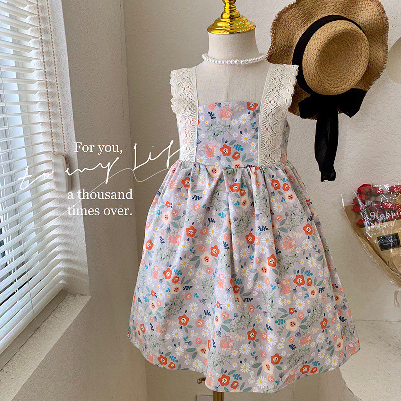 Νέο καλοκαιρινό φόρεμα για κοριτσάκι τετράγωνο γιακά αμάνικο γαλάζιο φλοράλ φόρεμα δαντέλα Πριγκίπισσα Παιδικά ρούχα E773