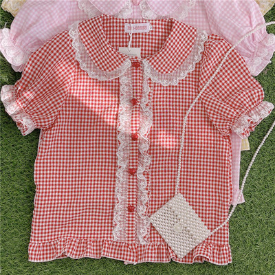 Dámske košele s golierom Peter Pan, kockovaný crop top, úzky kawaii štýl, krásne sladké, klasické, retro, základné, vysokoškolské, ulzzang, jemné, ins, nové