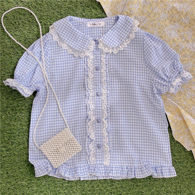 Dámske košele s golierom Peter Pan, kockovaný crop top, úzky kawaii štýl, krásne sladké, klasické, retro, základné, vysokoškolské, ulzzang, jemné, ins, nové