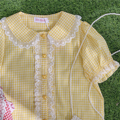 Dámske košele s golierom Peter Pan, kockovaný crop top, úzky kawaii štýl, krásne sladké, klasické, retro, základné, vysokoškolské, ulzzang, jemné, ins, nové