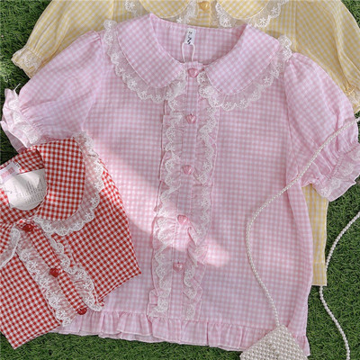 Dámske košele s golierom Peter Pan, kockovaný crop top, úzky kawaii štýl, krásne sladké, klasické, retro, základné, vysokoškolské, ulzzang, jemné, ins, nové