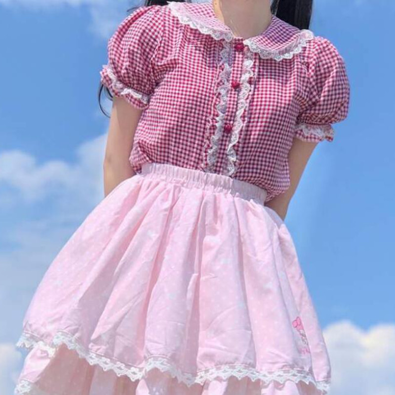 Dámske košele s golierom Peter Pan, kockovaný crop top, úzky kawaii štýl, krásne sladké, klasické, retro, základné, vysokoškolské, ulzzang, jemné, ins, nové