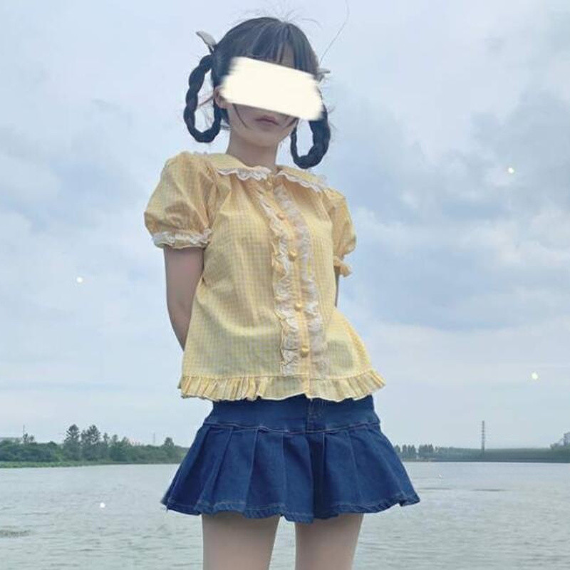 Dámske košele s golierom Peter Pan, kockovaný crop top, úzky kawaii štýl, krásne sladké, klasické, retro, základné, vysokoškolské, ulzzang, jemné, ins, nové