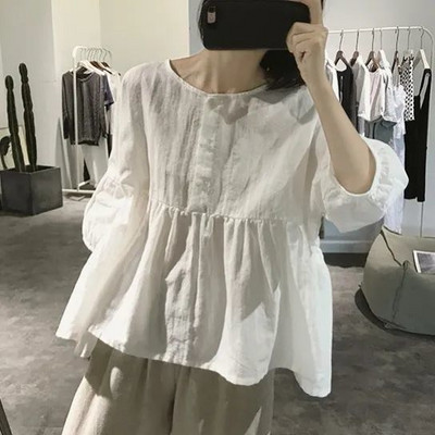 Γυναικεία μπλούζα Βαμβακερά λινά αναπνεύσιμα Απλές χαλαρές γυναικείες μπλούζες Ιαπωνικού στιλ Μαλακό Leisure Μονόχρωμο λαιμόκοψη τριών τετάρτων Γλυκό