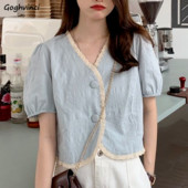 Dámske košele, vintage, univerzálna čipka, Y2K, nafúknuté rukávy, mäkká košeľa, módny crop top, estetický, jednoduchý, sladký, Harajuku, ležérny, retro