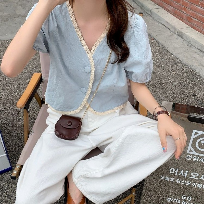 Dámske košele, vintage, univerzálna čipka, Y2K, nafúknuté rukávy, mäkká košeľa, módny crop top, estetický, jednoduchý, sladký, Harajuku, ležérny, retro