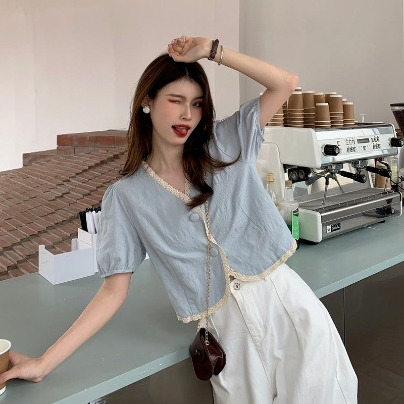 Dámske košele, vintage, univerzálna čipka, Y2K, nafúknuté rukávy, mäkká košeľa, módny crop top, estetický, jednoduchý, sladký, Harajuku, ležérny, retro