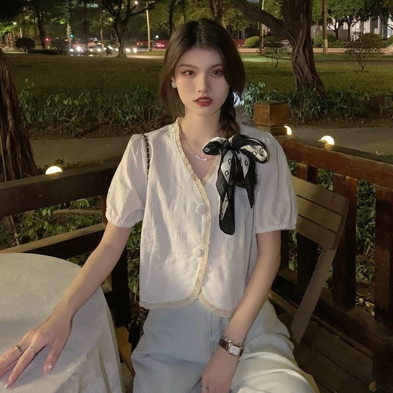Dámske košele, vintage, univerzálna čipka, Y2K, nafúknuté rukávy, mäkká košeľa, módny crop top, estetický, jednoduchý, sladký, Harajuku, ležérny, retro