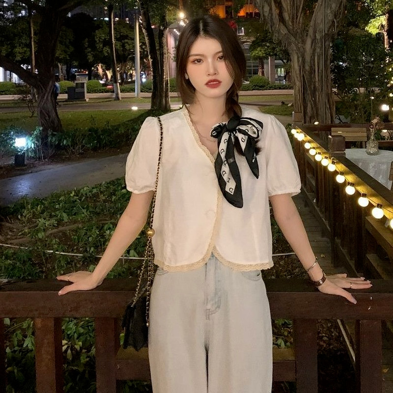 Dámske košele, vintage, univerzálna čipka, Y2K, nafúknuté rukávy, mäkká košeľa, módny crop top, estetický, jednoduchý, sladký, Harajuku, ležérny, retro