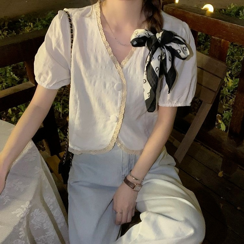 Dámske košele, vintage, univerzálna čipka, Y2K, nafúknuté rukávy, mäkká košeľa, módny crop top, estetický, jednoduchý, sladký, Harajuku, ležérny, retro