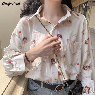 Női ingek nyomtatott elegáns gombos lehajtható gallér Retro Harajuku diákok napi akciós alkalmi blúzok Utcai ruha tavaszi női