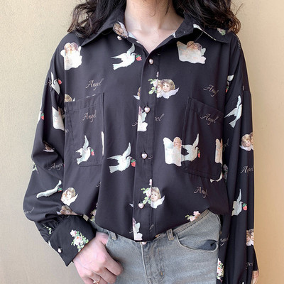 Dámske košele s potlačou, elegantný golier s gombíkmi, retro štýl, Harajuku, študentské denné oblečenie, horúci výpredaj, ležérne blúzky, streetwear, jarné dámske oblečenie