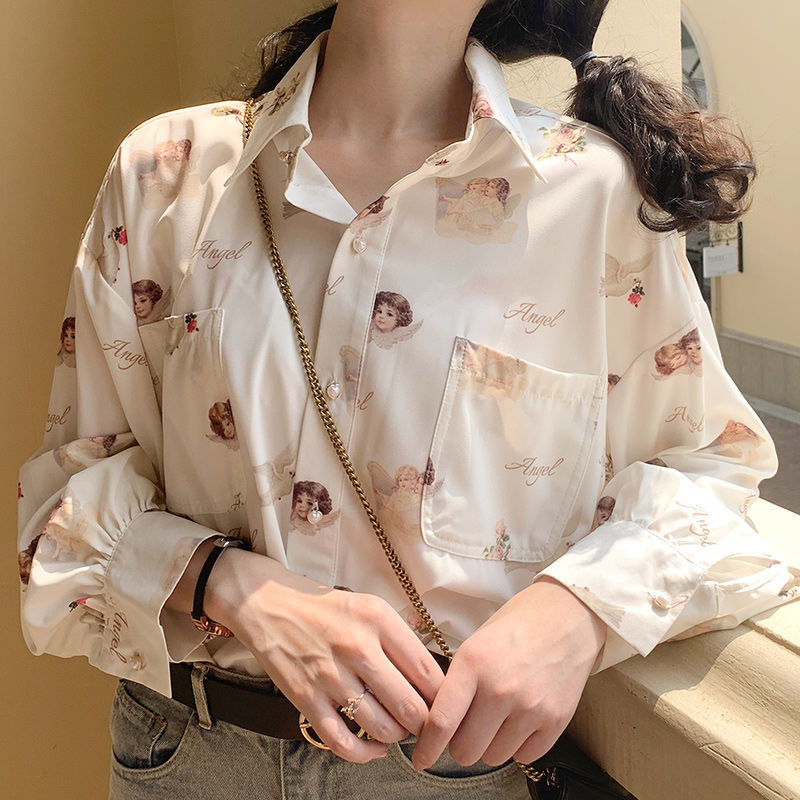 Dámske košele s potlačou, elegantný golier s gombíkmi, retro štýl, Harajuku, študentské denné oblečenie, horúci výpredaj, ležérne blúzky, streetwear, jarné dámske oblečenie
