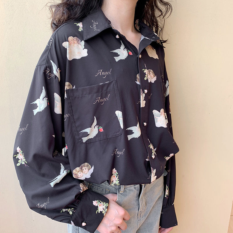 Dámske košele s potlačou, elegantný golier s gombíkmi, retro štýl, Harajuku, študentské denné oblečenie, horúci výpredaj, ležérne blúzky, streetwear, jarné dámske oblečenie