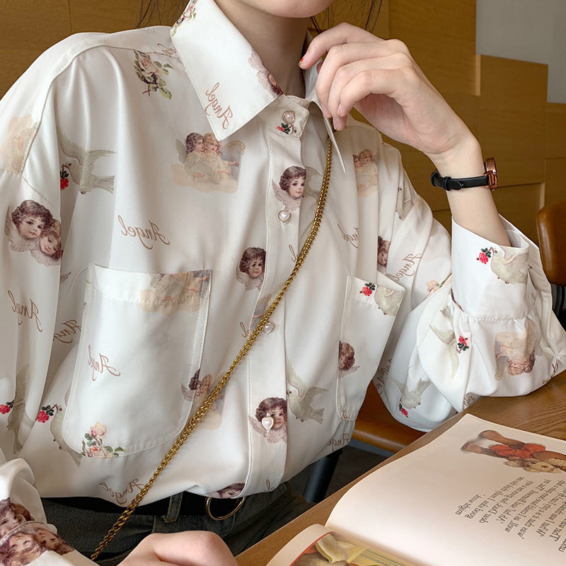 Dámske košele s potlačou, elegantný golier s gombíkmi, retro štýl, Harajuku, študentské denné oblečenie, horúci výpredaj, ležérne blúzky, streetwear, jarné dámske oblečenie