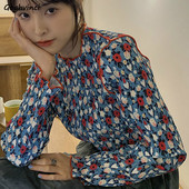 Dámske košele s dlhým rukávom a retro kvetinovým vzorom, kórejský štýl, základné streetwear, voľnočasové oblečenie, dievčenské vintage topy