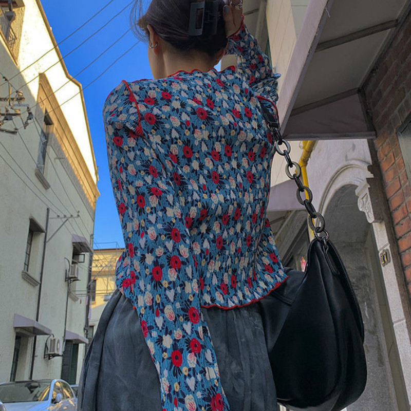 Dámske košele s dlhým rukávom a retro kvetinovým vzorom, kórejský štýl, základné streetwear, voľnočasové oblečenie, dievčenské vintage topy
