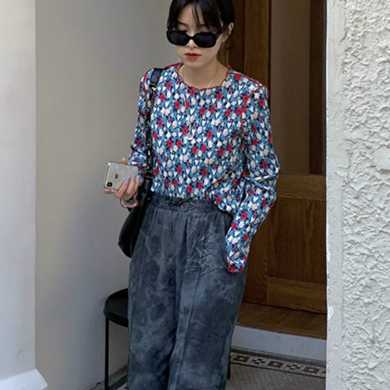 Dámske košele s dlhým rukávom a retro kvetinovým vzorom, kórejský štýl, základné streetwear, voľnočasové oblečenie, dievčenské vintage topy