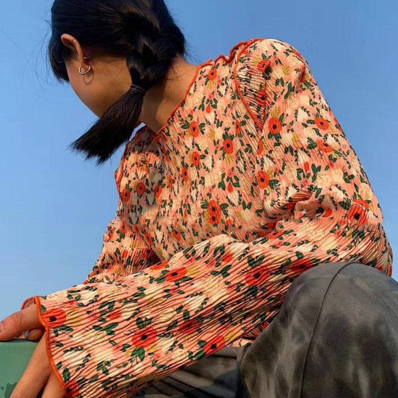Dámske košele s dlhým rukávom a retro kvetinovým vzorom, kórejský štýl, základné streetwear, voľnočasové oblečenie, dievčenské vintage topy