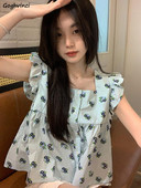 Moteriški marškiniai, skraidančios rankovės, raukiniai gėlėmis, saldus korėjietiškas mados stilius, studentai, tinkantys visiems, vasaros klasikinis dizainas, švelnus laisvalaikis