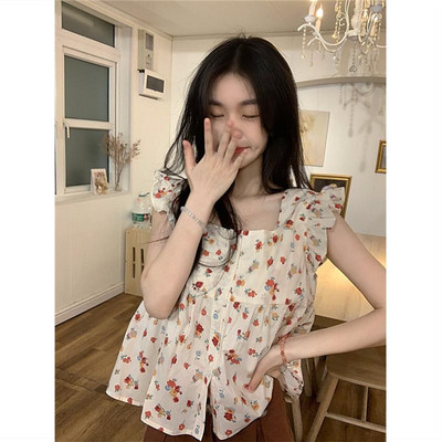 Moteriški marškiniai, skraidančios rankovės, raukiniai gėlėmis, saldus korėjietiškas mados stilius, studentai, tinkantys visiems, vasaros klasikinis dizainas, švelnus laisvalaikis