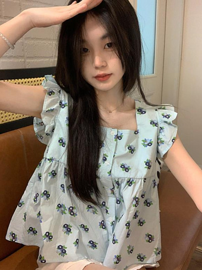 Moteriški marškiniai, skraidančios rankovės, raukiniai gėlėmis, saldus korėjietiškas mados stilius, studentai, tinkantys visiems, vasaros klasikinis dizainas, švelnus laisvalaikis
