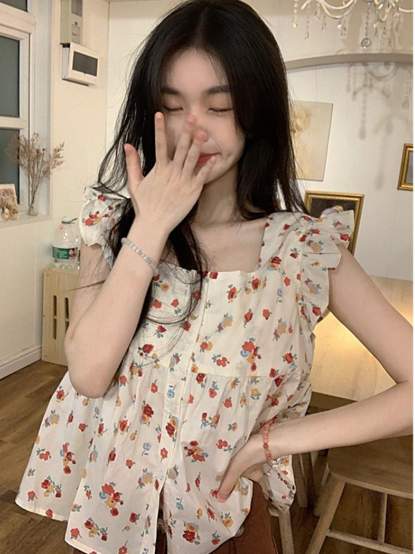 Moteriški marškiniai, skraidančios rankovės, raukiniai gėlėmis, saldus korėjietiškas mados stilius, studentai, tinkantys visiems, vasaros klasikinis dizainas, švelnus laisvalaikis