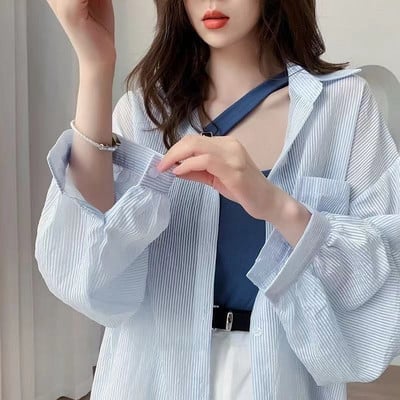 Női ingek, hosszú ujjú, bő, csíkos, retro divatos, összjátékos Bf alkalmi, édes tini lány felsők nyári napálló Ulzzang Chic Ins