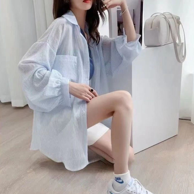 Női ingek, hosszú ujjú, bő, csíkos, retro divatos, összjátékos Bf alkalmi, édes tini lány felsők nyári napálló Ulzzang Chic Ins