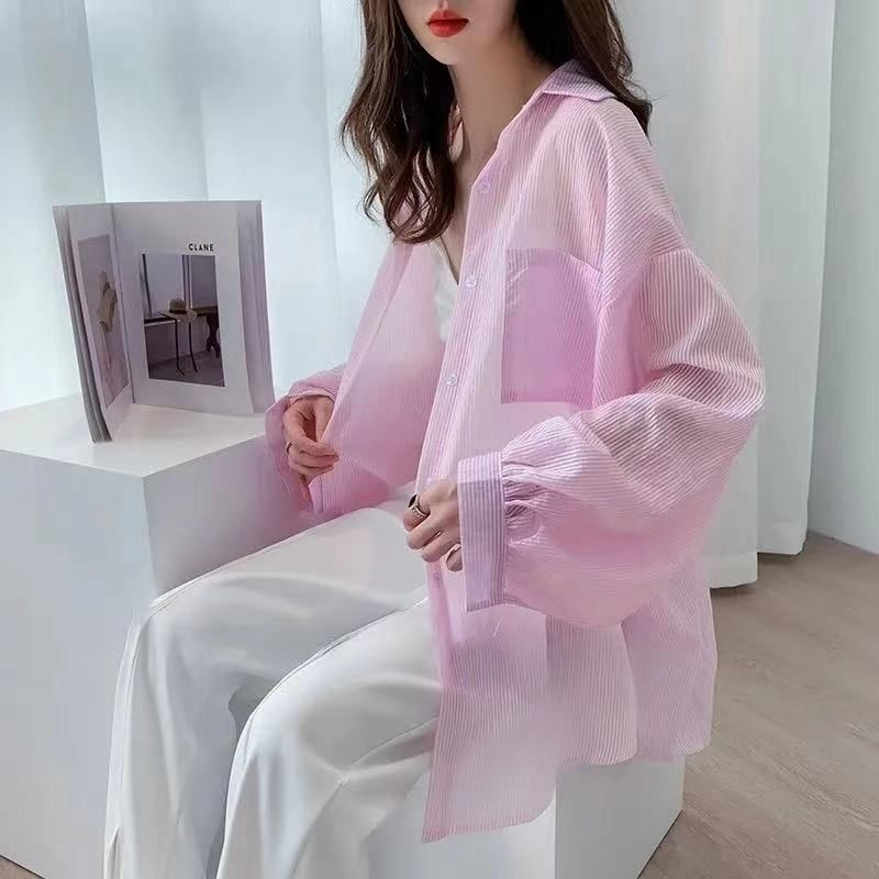 Női ingek, hosszú ujjú, bő, csíkos, retro divatos, összjátékos Bf alkalmi, édes tini lány felsők nyári napálló Ulzzang Chic Ins