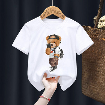 Забавна бяла тениска с принт на скейтборд мечка за момчета/момичета Детска лятна Harajuku Kawaii Забавни дрехи Малко бебе Y2K дрехи, Drop Ship