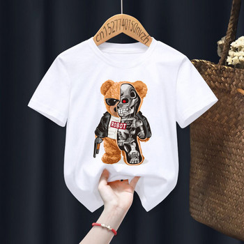 Забавна бяла тениска с принт на скейтборд мечка за момчета/момичета Детска лятна Harajuku Kawaii Забавни дрехи Малко бебе Y2K дрехи, Drop Ship
