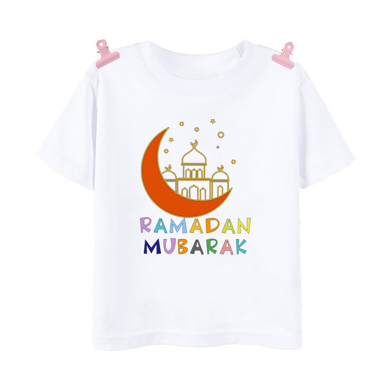 Happy Ramadan Mubarak Print Vaikiški drabužiai berniukui Mergaitei marškinėliai Eid Ramadan Vaikiški marškinėliai trumpomis rankovėmis Islamo musulmonų aprangos viršūnės