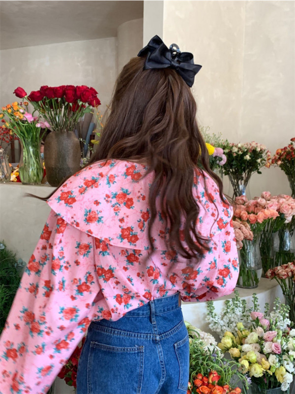 Dámske kvetinové košele, sladký kórejský štýl, vysoký školský štýl, Peter Pan golier, princezná, jar, ležérne, módne, Ulzzang, jednoduché, univerzálne, klasické
