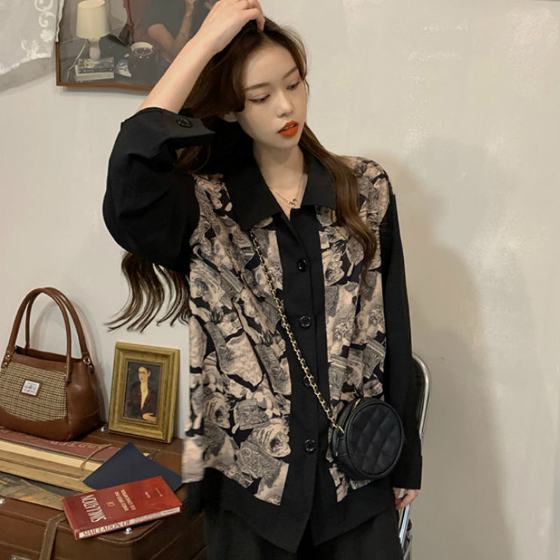 Dámske jesenné retro blúzky s dlhým rukávom a potlačou v kórejskom štýle, streetwear, vintage štýl, voľné