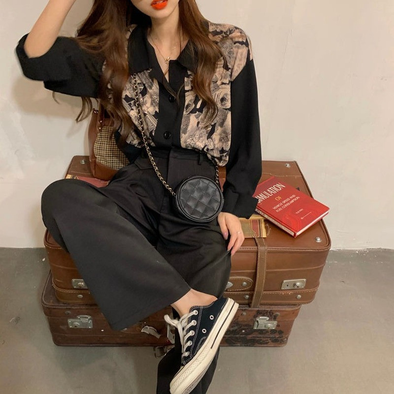 Dámske jesenné retro blúzky s dlhým rukávom a potlačou v kórejskom štýle, streetwear, vintage štýl, voľné