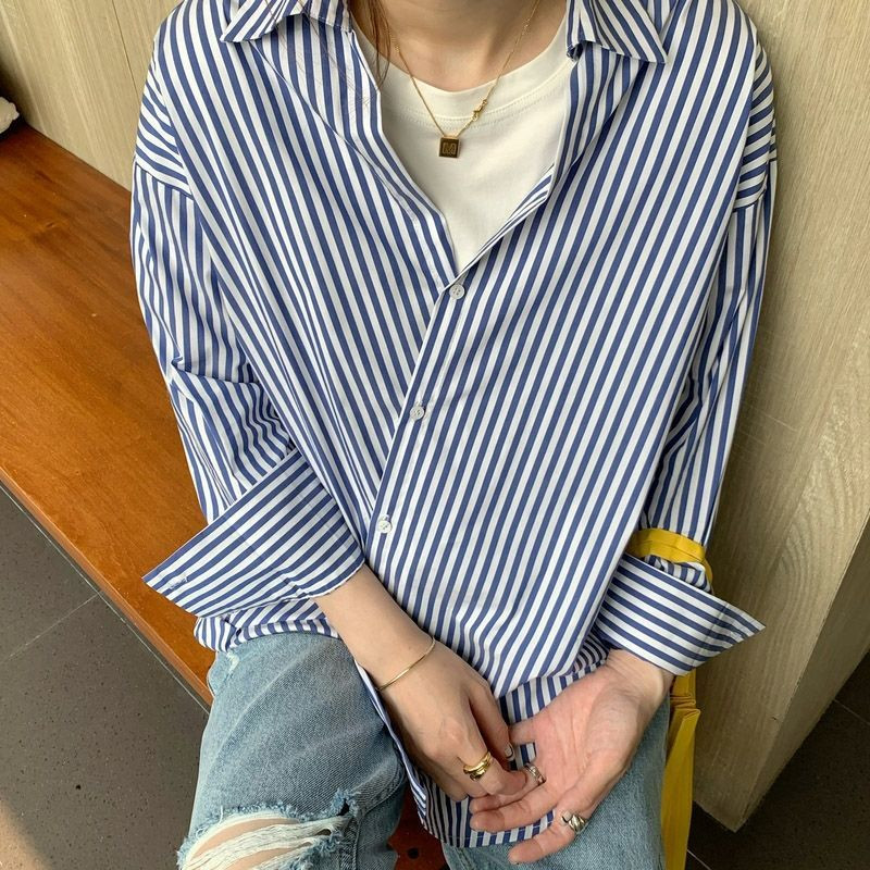 Női ingek Aszimmetrikus Csíkos tavaszi új dizájn BF Cool All-match Basic Retro Casual Рубашки College Ins Koreai Stílus Gyengéd