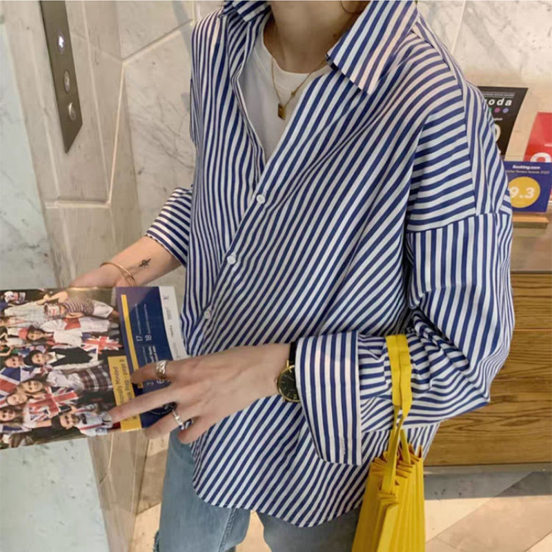 Női ingek Aszimmetrikus Csíkos tavaszi új dizájn BF Cool All-match Basic Retro Casual Рубашки College Ins Koreai Stílus Gyengéd