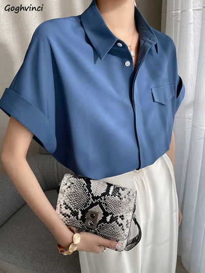 Košulje Ženske Jednobojne Džepove Tanke Osnovne Jednostavne Elegantne Retro Sveukupna Ulična odjeća Cool Cozy Chic Korejski stil Ins Rubaške Elegantne