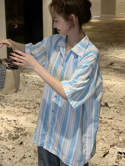 Dámske letné pruhované košele s golierom, študentský dizajn, elegantný kórejský štýl, camisas mujer, móda, horúci výpredaj pre ženy