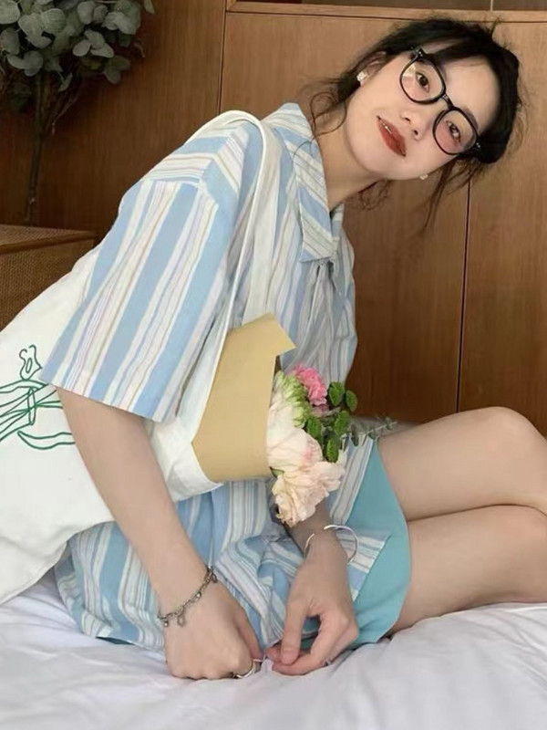 Dámske letné pruhované košele s golierom, študentský dizajn, elegantný kórejský štýl, camisas mujer, móda, horúci výpredaj pre ženy