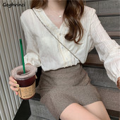 Dámske košele, jednofarebné, vintage, s výstrihom do V, 3XL, nafúknuté rukávy, kórejský štýl, Harajuku, elegantné, Ulzzang, letné, šik, Kawaii, nové