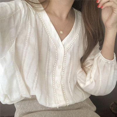 Dámske košele, jednofarebné, vintage, s výstrihom do V, 3XL, nafúknuté rukávy, kórejský štýl, Harajuku, elegantné, Ulzzang, letné, šik, Kawaii, nové