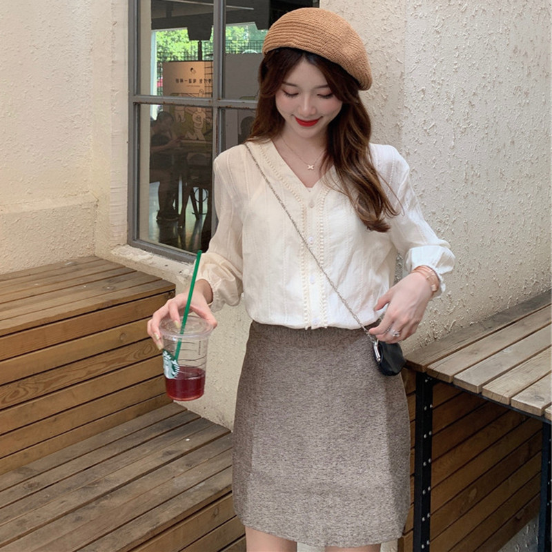 Dámske košele, jednofarebné, vintage, s výstrihom do V, 3XL, nafúknuté rukávy, kórejský štýl, Harajuku, elegantné, Ulzzang, letné, šik, Kawaii, nové