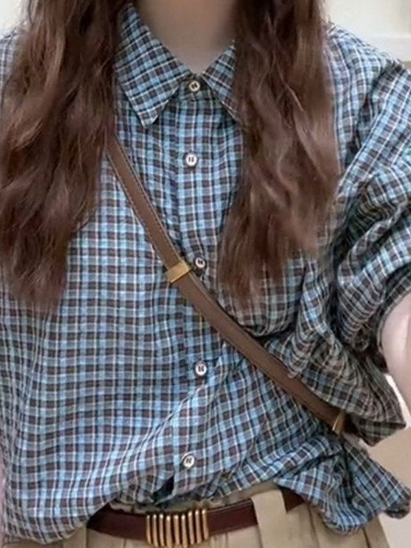Dámske košele s nafúknutými rukávmi, vintage kockované, módne, vrecovité, elegantné, univerzálne, sladké, ležérne, letné, kórejské, základné, jednoduché, nové, streetwear